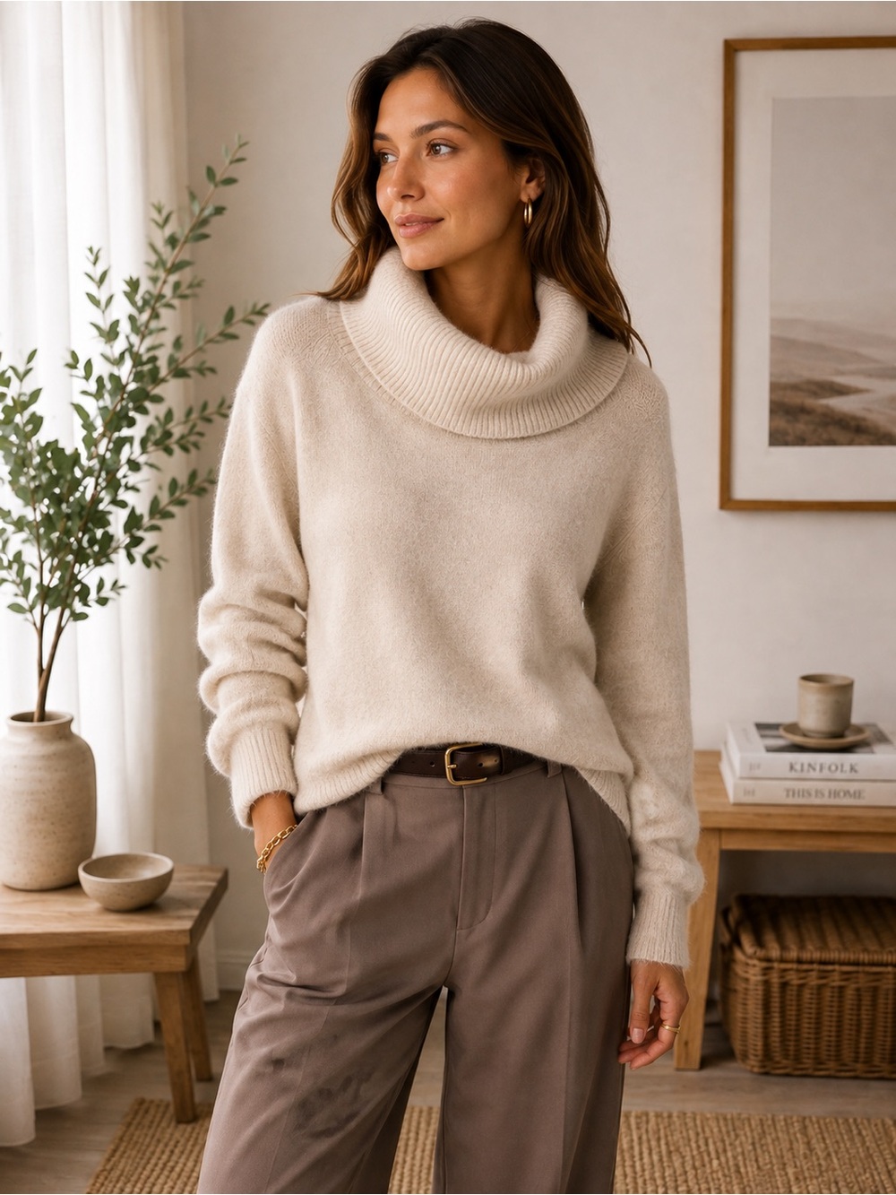 Talbots Womens 100% Pure Cashmere Sweater L Oatmeal Cowl Neck Long Sleeve